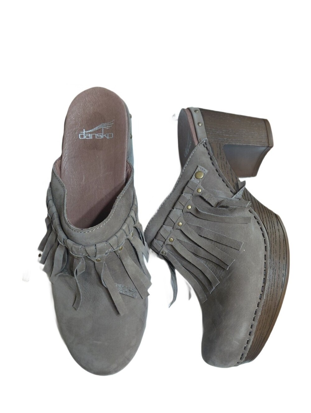 Dansko Deni Taupe Suede Fringe Block Heel Clog Women's Size 11 Mule